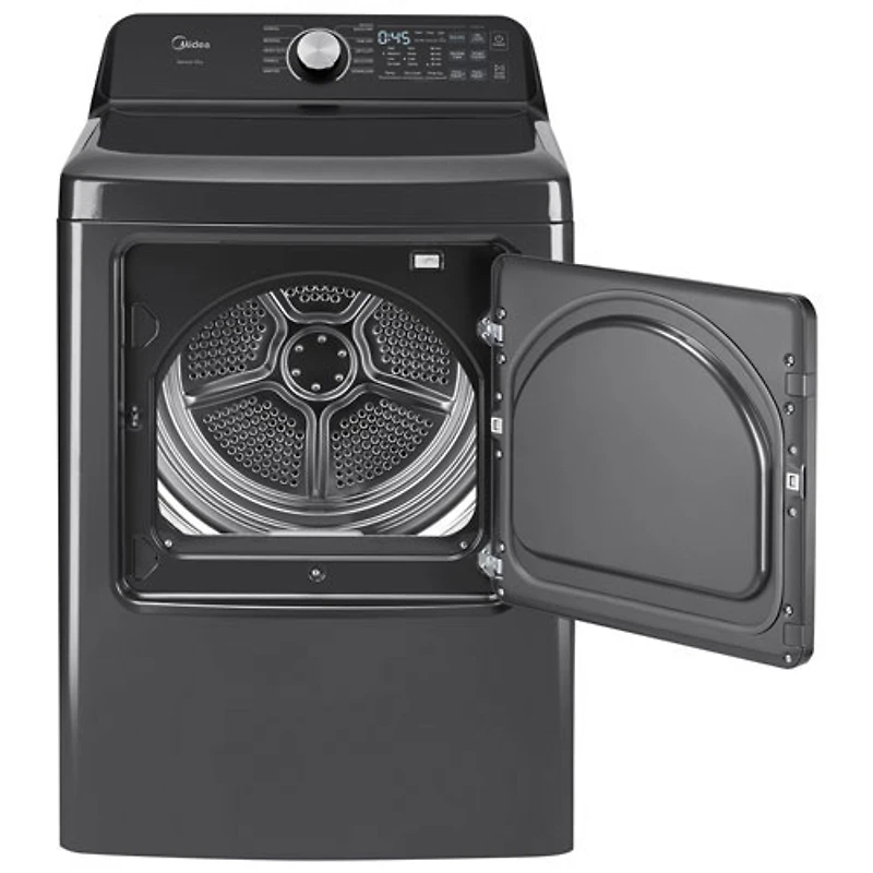 Laveuse à chargement par le haut avec agitateur 5,2 pi³ et sécheuse électrique 7 pi³ de Midea - Acier inoxydable noir mat/Gris métallique