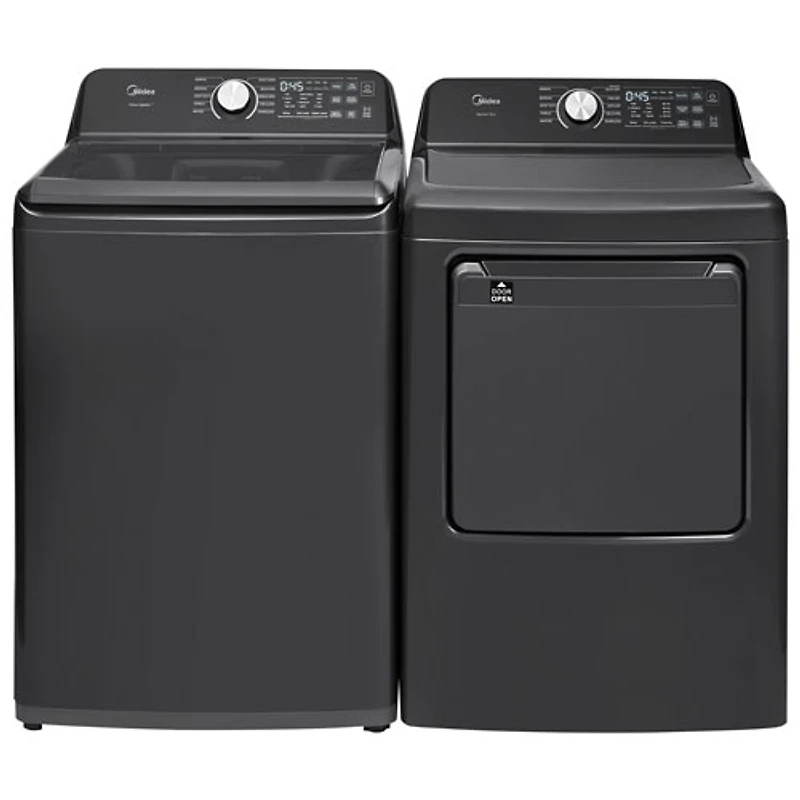 Laveuse à chargement par le haut avec agitateur 5,2 pi³ et sécheuse électrique 7 pi³ de Midea - Acier inoxydable noir mat/Gris métallique