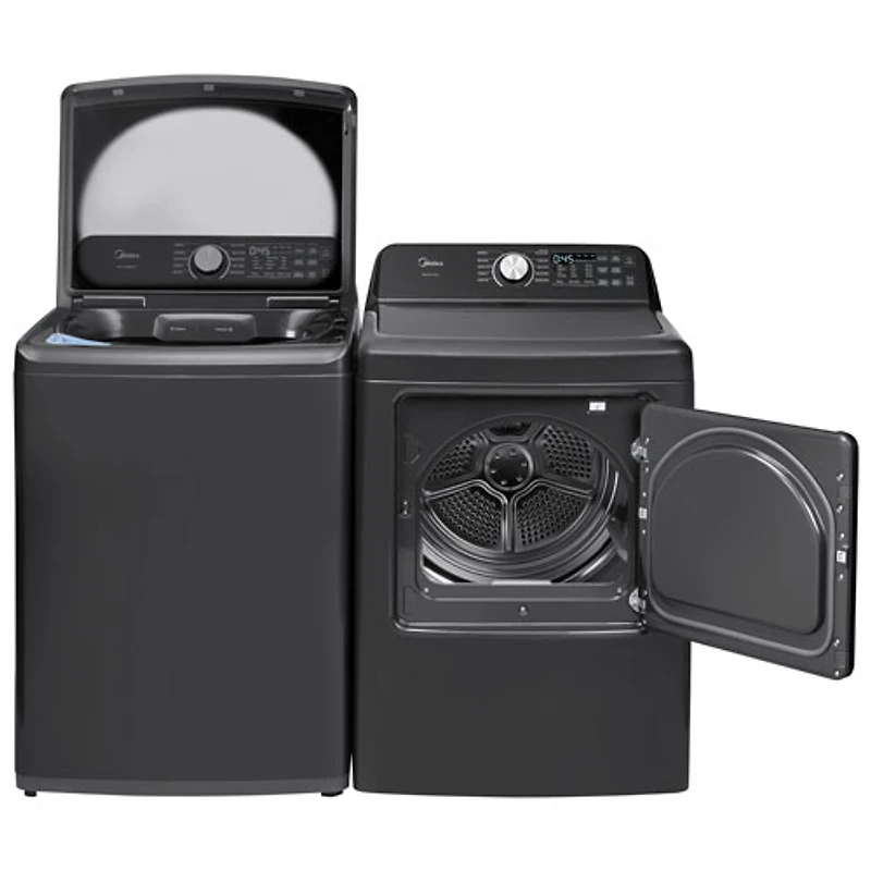 Laveuse à chargement par le haut avec agitateur 5,2 pi³ et sécheuse électrique 7 pi³ de Midea - Acier inoxydable noir mat/Gris métallique
