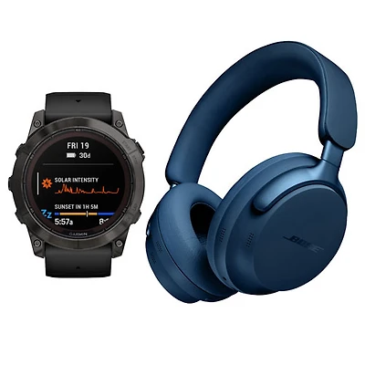 Montre intelligente de 51 mm fēnix 7X Pro Sapphire Solar de Garmin et casque d'écoute QuietComfort Ultra de Bose - Gris carbone/Noir/Bleu lunaire