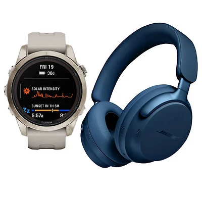 Montre intelligente de 42 mm fēnix 7S Pro Sapphire Solar de Garmin et casque d'écoute QuietComfort Ultra de Bose - Doré pâle/Sable pâle/Bleu lunaire