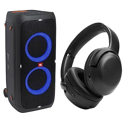 Haut-parleur sans fil Bluetooth résistant aux éclaboussures PartyBox 310 et casque d'écoute Bluetooth Tour One M2 de JBL - Noir