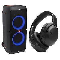 Haut-parleur sans fil Bluetooth résistant aux éclaboussures PartyBox 310 et casque d'écoute Bluetooth Tour One M2 de JBL - Noir