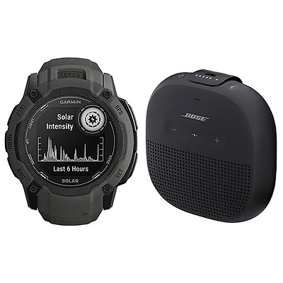 Montre intelligente multisport Bluetooth Instinct 2X Solar de 53 mm de Garmin et haut-parleur sans fil Bluetooth SoundLink Micro de Bose - Graphite/Noir