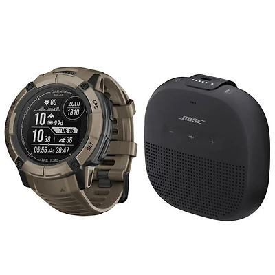 Montre intelligente multisport Instinct 2X Solar Tactical Edition 53 mm de Garmin et haut-parleur sans fil SoundLink Micro de Bose - Noir