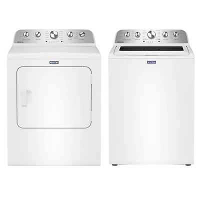 Laveuse à chargement par le haut HE 5,5 pi³ et sécheuse à gaz à vapeur 7 pi³ Pet Pro de Maytag - Blanc