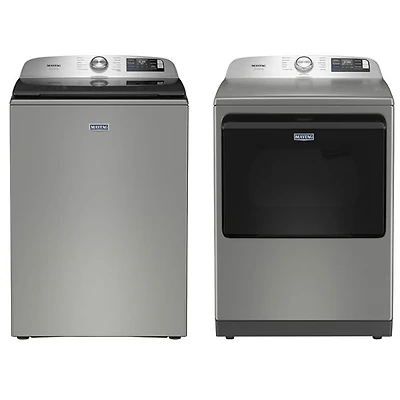 Maytag 6.0 Cu. Ft. High Efficiency Top Load Washer & Pet Pro 7.4 Cu. Ft. Electric Steam Dryer - Radiant Silver