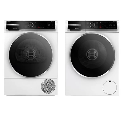 Laveuse à chargement frontal compacte HE 2,4 pi³ série 500 et sécheuse électrique avec pompe à chaleur 4 pi³ de Bosch - Blanc
