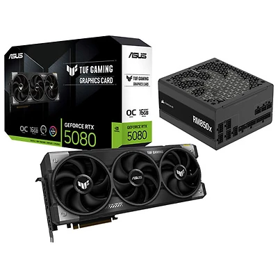 Carte graphique TUF Gaming GeForce RTX 5080 OC Edition 16 Go GDDR7 d'ASUS avec bloc d'alimentation entièrement modulaire ATX 850 W