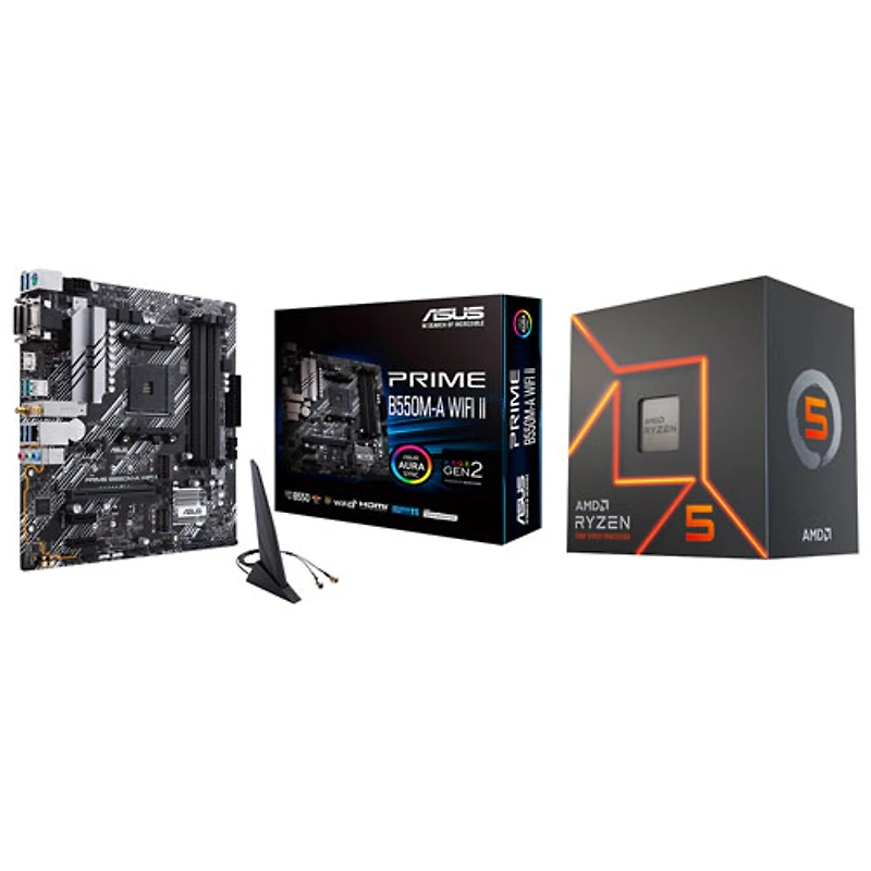 AMD Ryzen 5 7600 6-Core 4GHz Desktop Processor with ASUS Prime B550M-A Wi-Fi II Micro-ATX AM4 Motherboard