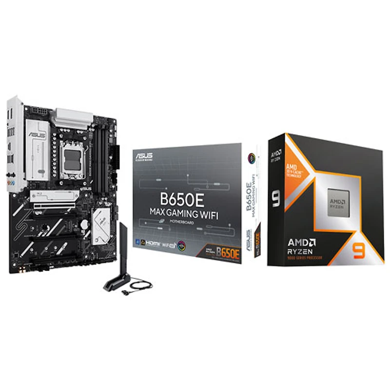 Processeur 16 coeurs Ryzen 9 9950X3D AM5 d'AMD et carte mère DDR5 AM5 AMD Wi-Fi B650E MAX Gaming d'ASUS