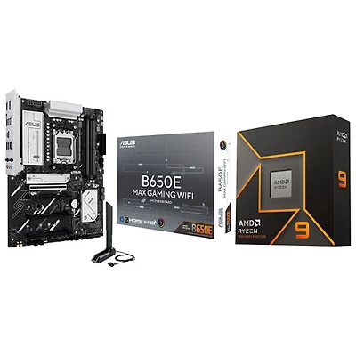 Processeur 16 coeurs 5,7 GHz Ryzen 9 9950X AM5 d'AMD et carte mère DDR5 AM5 Wi-Fi AMD B650E MAX Gaming d'ASUS
