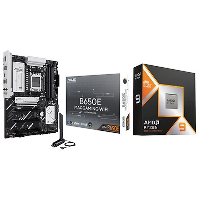 Processeur 12 coeurs Ryzen 9 9900X3D AM5 d'AMD et carte mère DDR5 AM5 Wi-Fi AMD B650E MAX Gaming d'ASUS