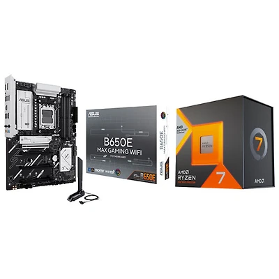 Processeur octocoeur 4,2 GHz Ryzen 7 7800X3D AM5 d'AMD et carte mère DDR5 AM5 Wi-Fi AMD B650E MAX Gaming d'ASUS