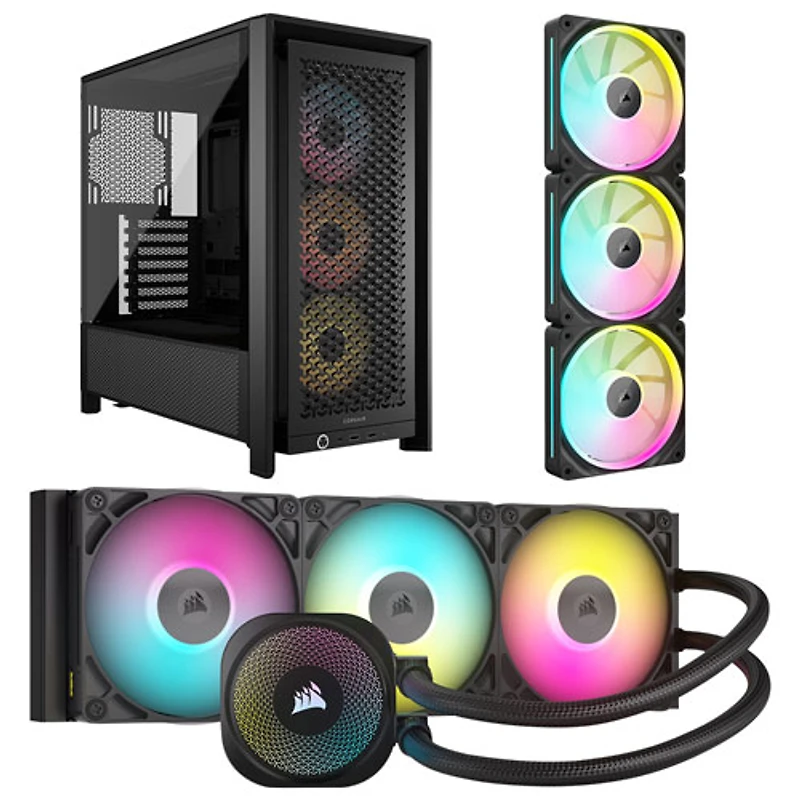 Système de refroidissement liquide pour processeur iCUE LINK Titan RX RVB 360 mm de Corsair avec trousse de départ à trois ventilateurs et tour d'ordinateur ATX ARGB - Noir