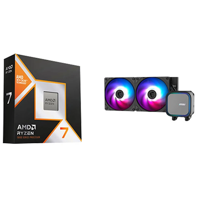 Processeur octocoeur 5,2 GHz Ryzen 7 9800X3D AM5 d'AMD et système de refroidissement liquide pour processeur MAG CoreLiquid A13 240 RGB adressable de MSI