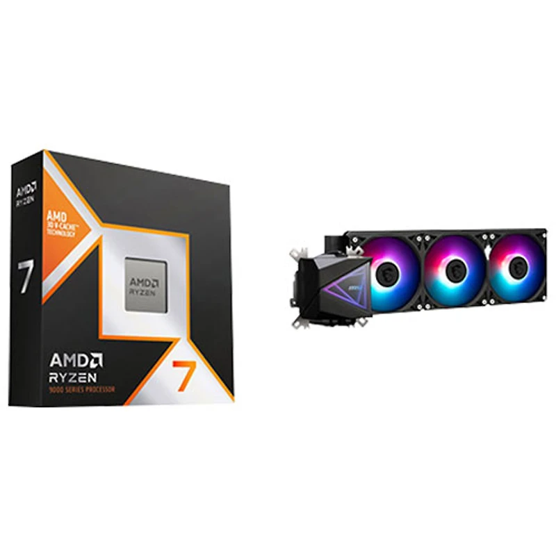 Processeur octocoeur 5,2 GHz Ryzen 7 9800X3D AM5 d'AMD et système de refroidissement liquide pour processeur MAG CoreLiquid I360 120 mm de MSI