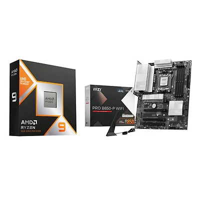 Processeur à 16 coeurs Ryzen 9 9950X3D AM5 d'AMD et carte mère ATX AM5 Wi-Fi Pro B850-P de MSI