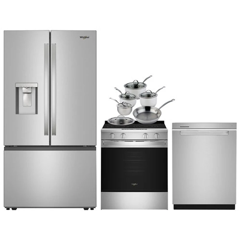 Whirlpool 36" Cu Ft French Door Refrigerator; Electric Air Fry Range; Dishwasher; Cookware Set