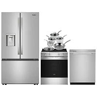 Whirlpool 36" Cu Ft French Door Refrigerator; Electric Air Fry Range; Dishwasher; Cookware Set