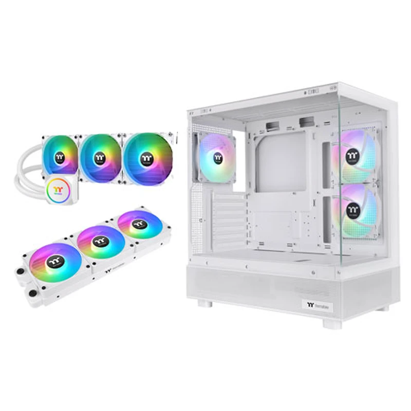 Refroidisseur de processeur liquide TH360 ARGB 120 mm de Thermaltake avec tour View 270 Plus TG et 3 ventilateurs CT120 EX - Blanc