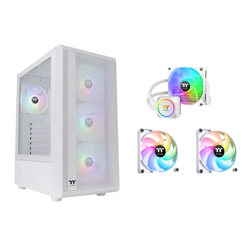 Tour d'ordinateur intermédiaire ATX S200TG ARGB Plus de Thermaltake avec refroidisseur de processeur liquide ARGB et 2 ventilateurs CT120 - Blanc