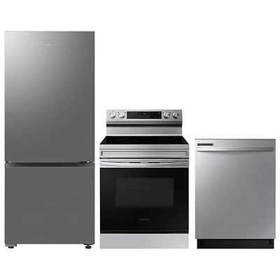 Réfrigérateur à congélateur inférieur 15 pi³ 28 po de Samsung; Cuisinière électrique; Lave-vaisselle - Acier inoxydable