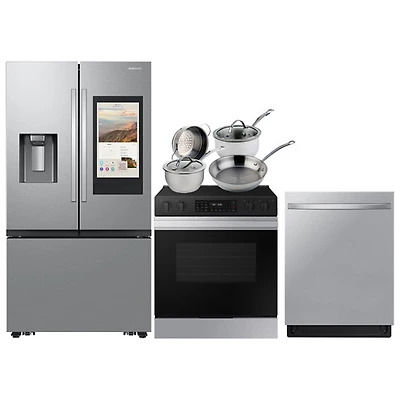 Réfrigérateur à deux portes SpaceMax 25,5 pi³ 36 po de Samsung; Cuisinière électrique; Lave-vaisselle; Batterie de cuisine - Acier inoxydable