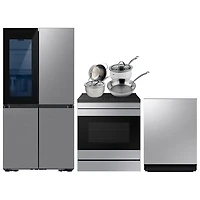 Réfrigérateur à 4 portes 22,8 pi³ 36 po BESPOKE de Samsung; Cuisinière à induction; Lave-vaisselle; Batterie de cuisine - Acier inoxydable
