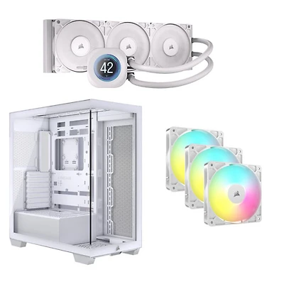 Système de refroidissement liquide pour processeur Nautilus 360 RS ACL de Corsair avec tour intermédiaire ATX et trois ventilateurs MID 120 mm - Blanc