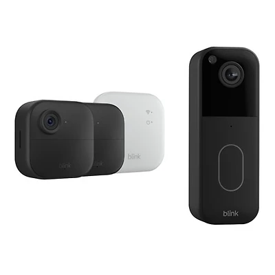 Système de surveillance avec caméras IP sans fil HD intégrale 1080p Outdoor 4 (2 unités) et sonnette vidéo Wi-Fi 1440p de Blink - Noir