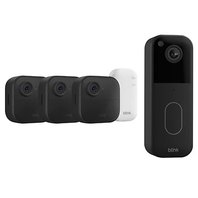 Système de surveillance avec caméras IP sans fil HD intégrale 1080p Outdoor 4 (3 unités) et sonnette vidéo Wi-Fi 1440p de Blink - Noir