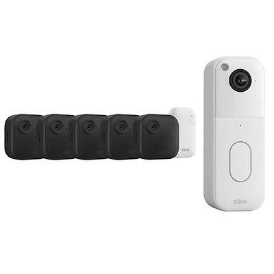 Blink Outdoor 4 Wire-Free 1080p Full HD IP Security Camera System (5-Pack) & 1440p Wi-Fi Video Doorbell - White