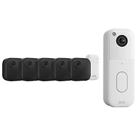 Blink Outdoor 4 Wire-Free 1080p Full HD IP Security Camera System (5-Pack) & 1440p Wi-Fi Video Doorbell - White