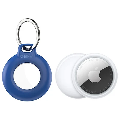 Apple AirTag (2nd generation) Bluetooth Item Tracker & Belkin Waterproof Secure Holder with Key Ring - White/Blue