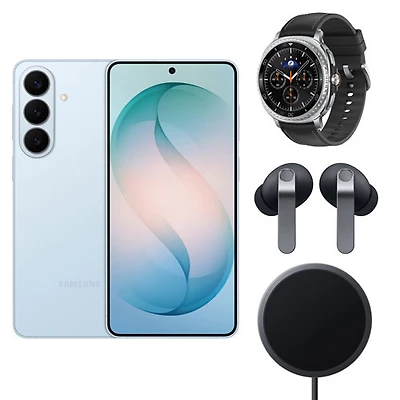 Samsung Galaxy S26+ 512GB - Sky Blue - Unlocked, Watch8 Classic BT Smartwatch - Black, Buds4 Pro - Black & Magnet Wireless Charger