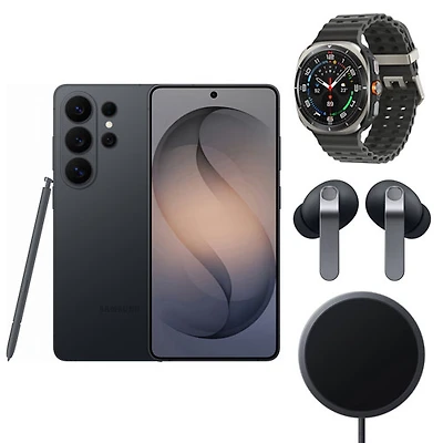 Samsung Galaxy S26 Ultra 512GB - Black - Unlocked, Watch Ultra LTE Smartwatch - Titanium Silver, Buds4 Pro - Black & Magnet Wireless Charger