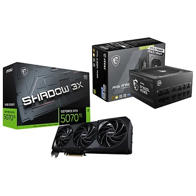Carte graphique GeForce RTX 5070 Ti Shadow 3X OC GDDR7 de 16 Go de MSI et bloc d'alimentation ATX 3.0 entièrement modulaire 80 Plus Gold de 750 W