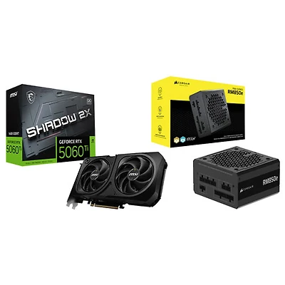 Carte graphique GeForce RTX 5060 Ti Shadow 2X OC Plus GDDR7 de 16 Go de MSI et bloc d'alimentation modulaire ATX de 850 W série RMe de Corsair