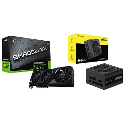 Carte graphique GeForce RTX 5070 Ti Shadow 3x OC GDDR7 de 16 Go de MSI et bloc d'alimentation modulaire ATX de 1000 W série RMe de Corsair