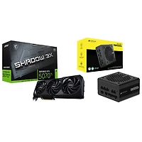 Carte graphique GeForce RTX 5070 Ti Shadow 3x OC GDDR7 de 16 Go de MSI et bloc d'alimentation modulaire ATX de 1000 W série RMe de Corsair