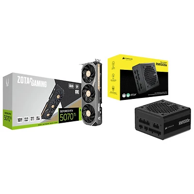 Carte graphique GeForce RTX 5070 Ti Solid SFF OC GDDR7 de 16 Go de ZOTAC Gaming et bloc d'alimentation modulaire ATX de 1000 W série RMe de Corsair