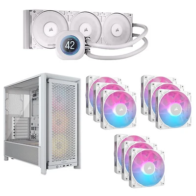 Corsair Nautilus 360 RS LCD Liquid CPU Cooling System. Frame 4000D Computer Case & RX120 Case Fans (3 Pack) -White