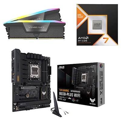 Mémoire vive Vengeance RGB DDR5 32 Go 6000 MHz de Corsair, processeur Ryzen 7 9800X3D d'AMD et carte mère TUF Gaming B650-Plus d'ASUS