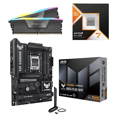 Mémoire Vengeance RGB DDR5 32 Go 6000 MHz de Corsair, processeur Ryzen 7 9800X3D d'AMD et carte mère TUF Gaming B850-Plus d'ASUS