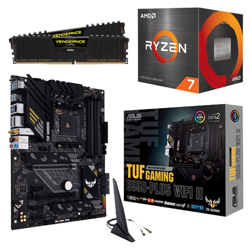 Mémoire vive Vengeance LPX DDR4 32 Go 3200 MHz de Corsair, processeur Ryzen 7 5800XT d'AMD et carte mère TUF Gaming B550-Plus d'ASUS