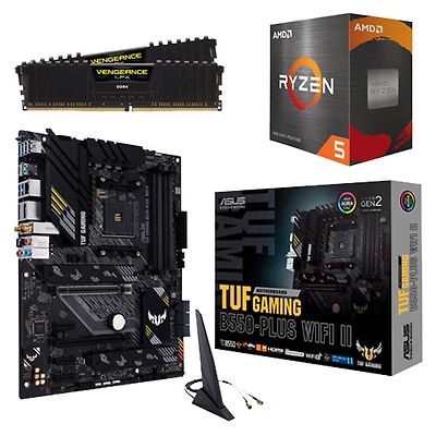 Mémoire vive Vengeance LPX 32 Go DDR4 3200 MHz de Corsair, carte mère TUF Gaming B550-Plus d'ASUS et processeur Ryzen 5 5500 d'AMD