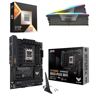 Processeur 12 coeurs Ryzen 9 9900X3D AM5 d'AMD, mémoire vive Vengeance RGB 32 Go de Corsair et carte mère de jeu TUF Gaming B650-Plus d'ASUS
