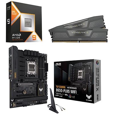 Processeur 16 coeurs AM5 Ryzen 9 9950X3D d'AMD, mémoire vive DDR5 32 Go et carte mère de jeu Wi-Fi 6 ATX AM5 DDR5 B650-Plus