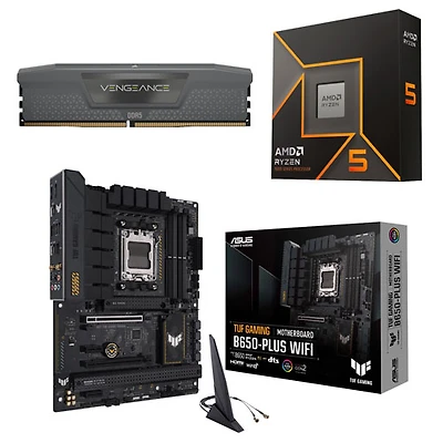 Mémoire vive Vengeance DDR5 16 Go 6000 MHz de Corsair, processeur 6 coeurs Ryzen 5 9600X AM5 5,4 GHz et carte mère Wi-Fi 6 ATX AM5 DDR5 B650-Plus Gaming